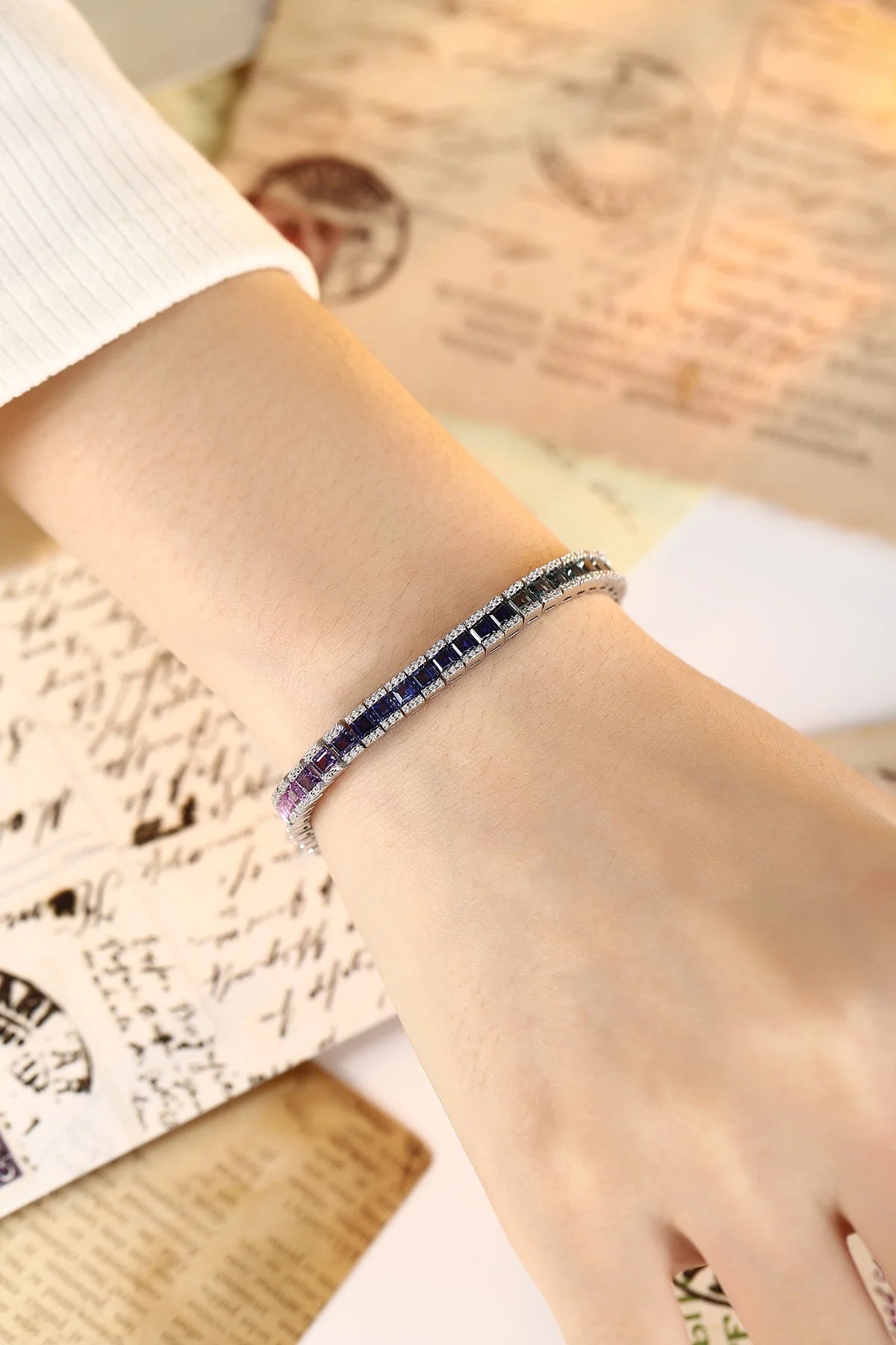 Gemfiori Rainbow Color Lab-Grown Gemstone Tennis Bracelet 925 Sterling Silver Multi-Color Princess Cut Jewelry for Gift