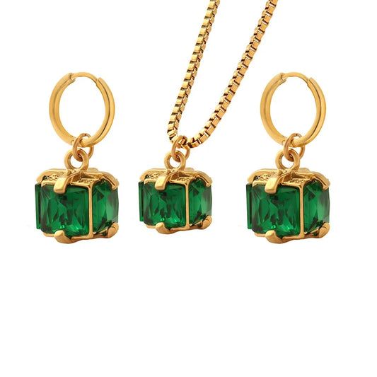 Four-Claw Emerald Zircon Necklace & Drop Earrings | Tarnish-Free Stainless Steel Editorial Fashion Jewellery