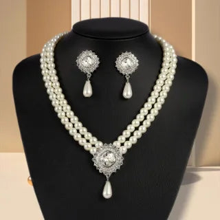 Pearl Flower Multi-Layer Pendant Necklace & Earrings Set | Elegant Silver Occasion Jewellery
