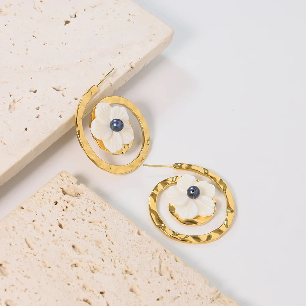 Women Cute Spiral Shell Flower Earrings With Pearl Pendant Stainless Steel Earrings Jewelry for Women Exquisite Wedding Gifts