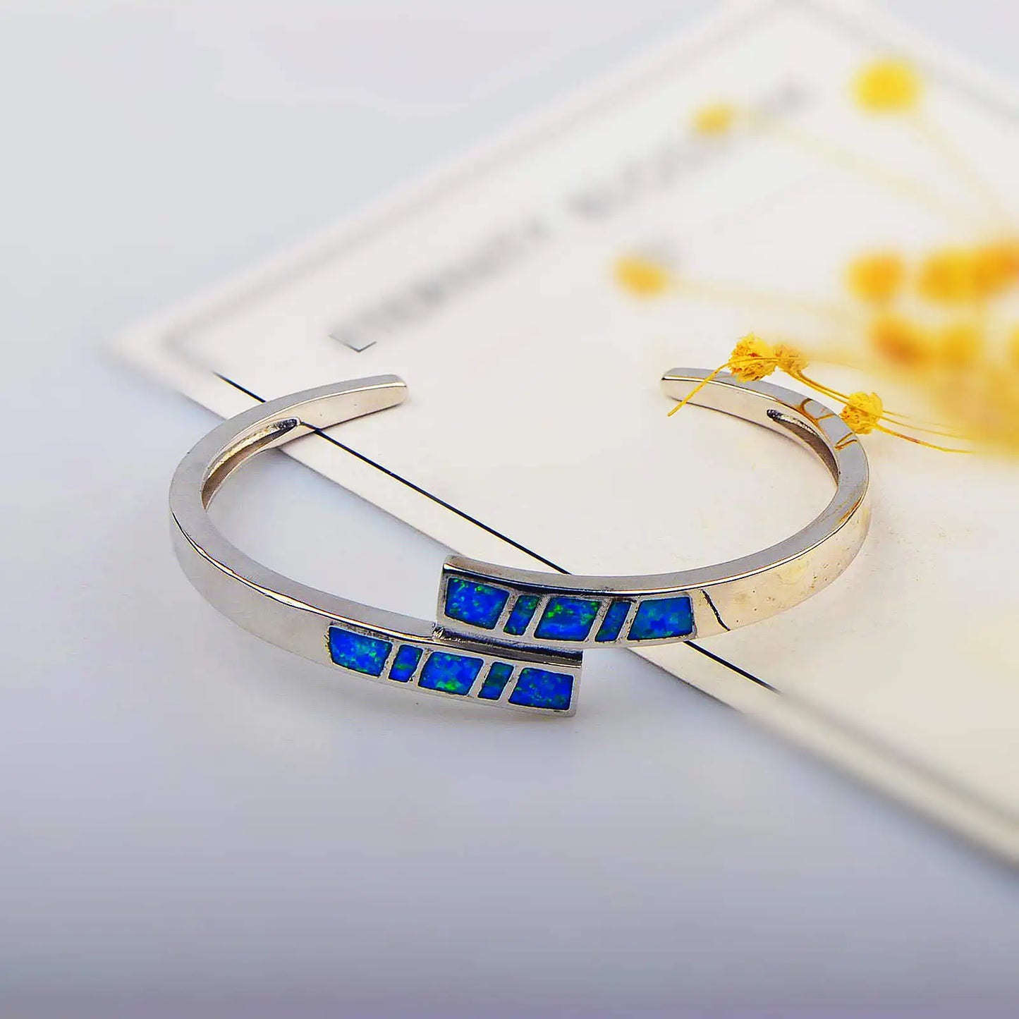 Blue Opal Beaded Brass Bangle Aobao Geometric Inlaid Silver Plated Christian Fashion Jewelry for Anniversary