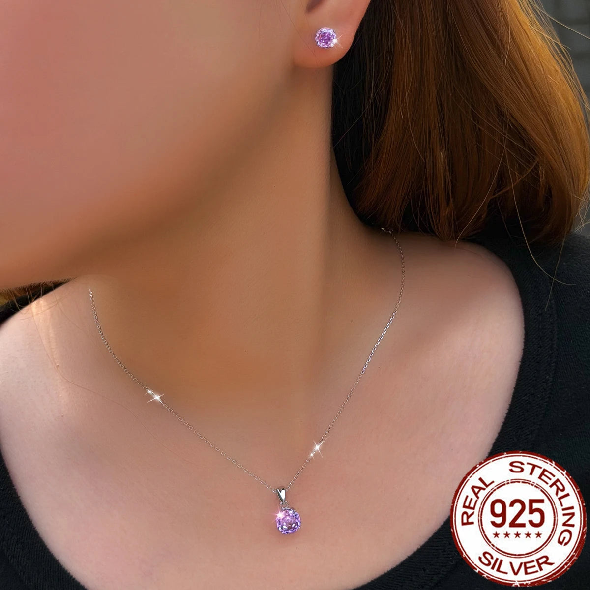 S&S 925 Sterling Silver Purple Rose-Cut CZ Jewellery Set – Necklace & Earrings – Collection