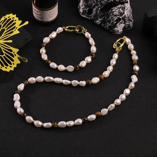 GLSEEVO Natural Freshwater Pearl Tiger Eye Beaded Jewelry Set for Women Birthday Gift Dainty Necklace Bracelet Fashion Jewelry