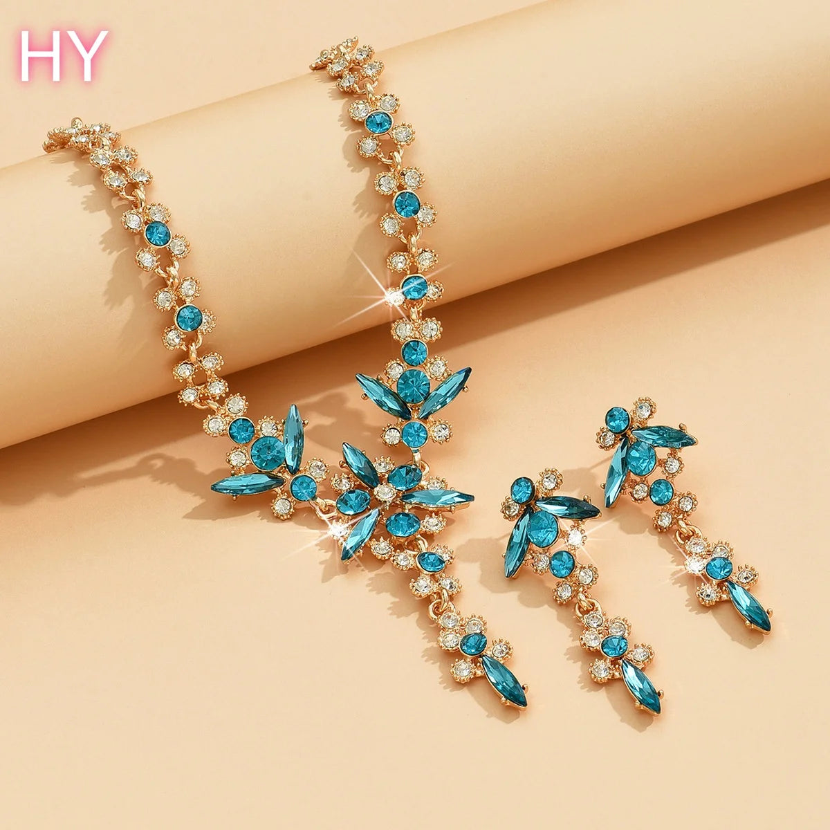 HY  Factory Wholesale Custom New Blue Zircon Wedding Accessories Trendy Two-Piece Set of Necklace Earrings for Engagement