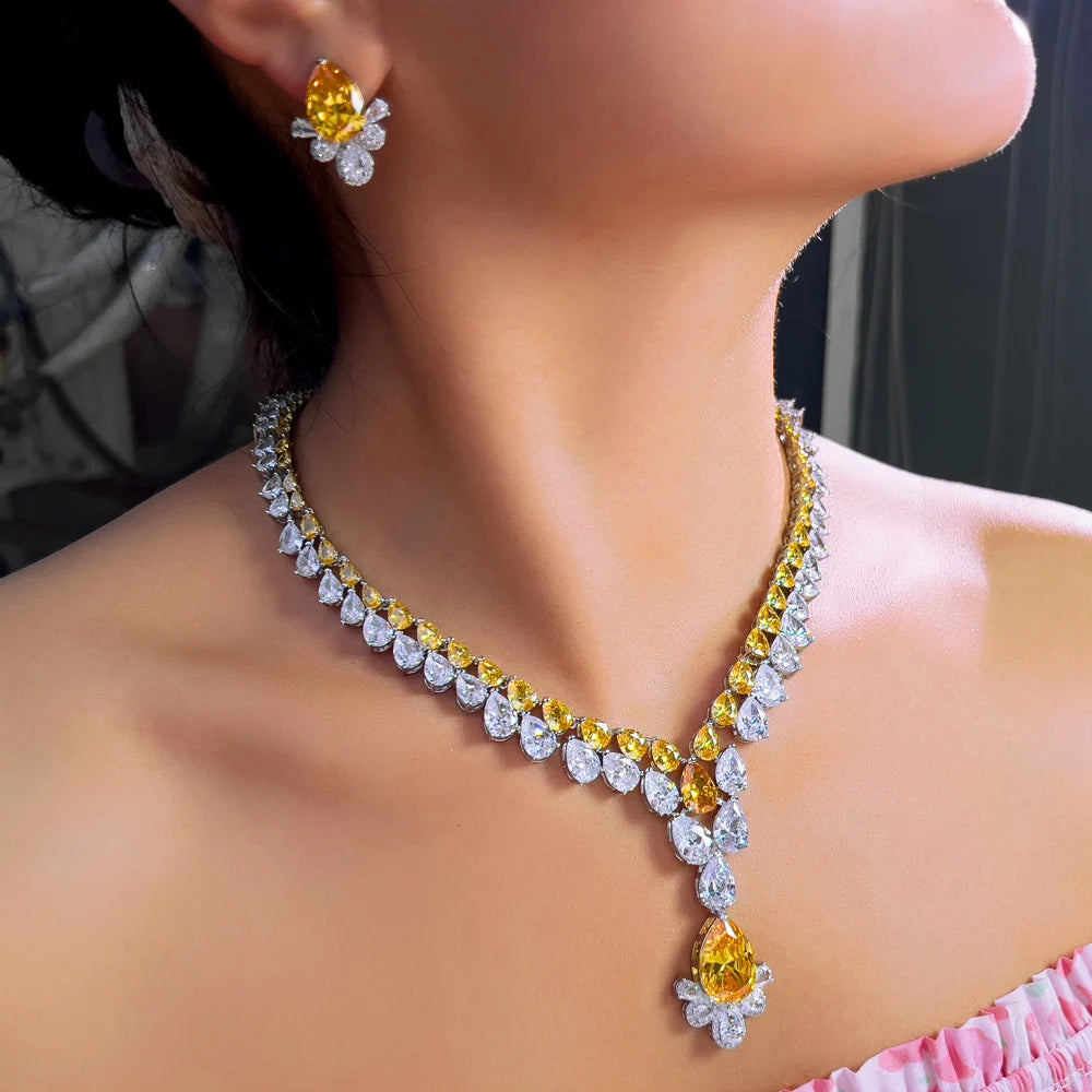 2 Layer Water Drop Zirconia Big Chunky Necklace and Earrings Yellow Party Brides Jewelry Sets for Women Luxury Wedding Decor