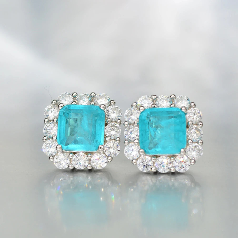 MUSHAN Jewelry Factory Hot Selling 925 Silver 2 Carat Synthetic Paraiba 7*7 Earrings Luxurious and Studded With Diamonds