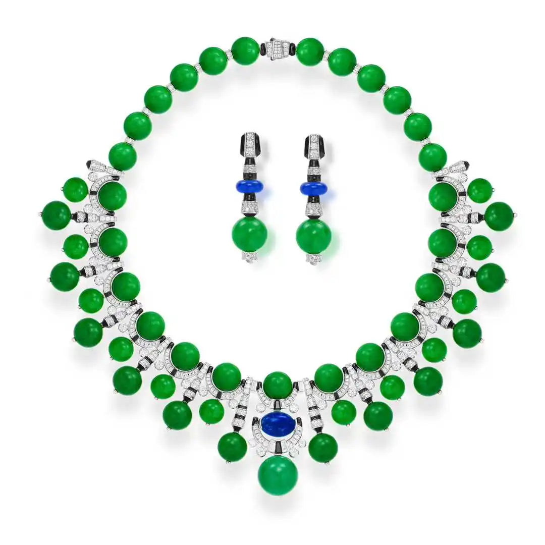 Oriental Retro Green Bead Brass Evening Dress Necklace Earrings Accessories Gorgeous Personalized Banquet Party Women's Set