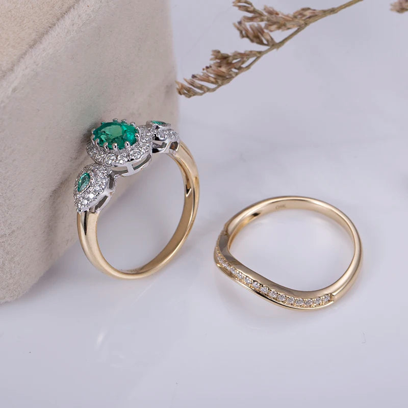 Messi Jewelry  MSR-1048 9K Yellow Gold PT950 Oval Lab Emerald Ring Set Stackable Rings