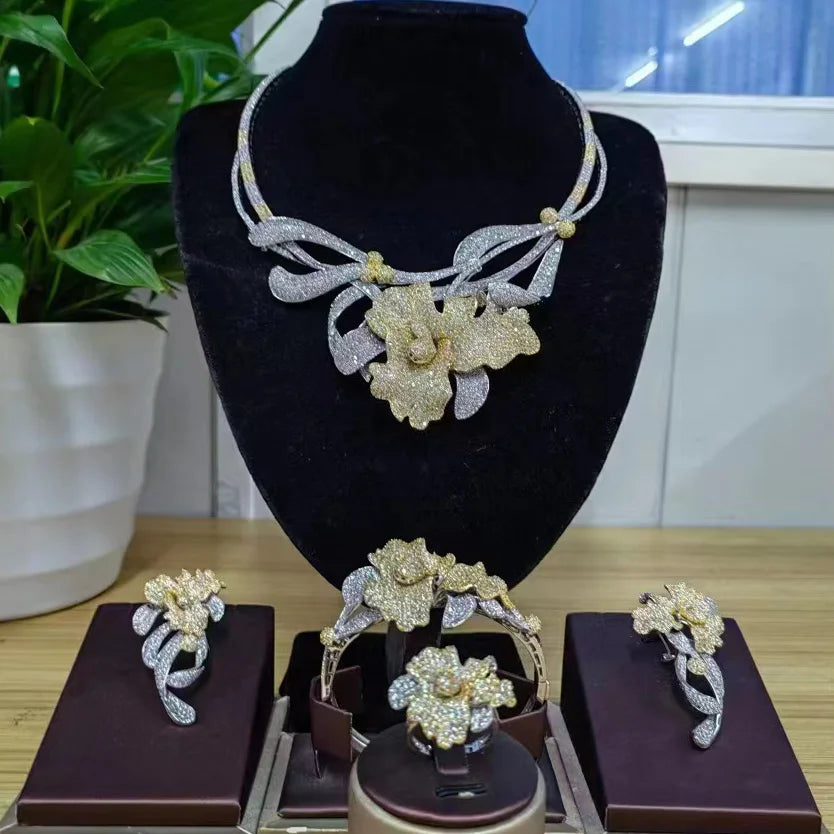 Zhuerrui Luxury Cubic Zirconia Jewelry Set American Diamond Flowers Jewelry Sets Necklace Bracelet Earrings Ring Jewellery Set