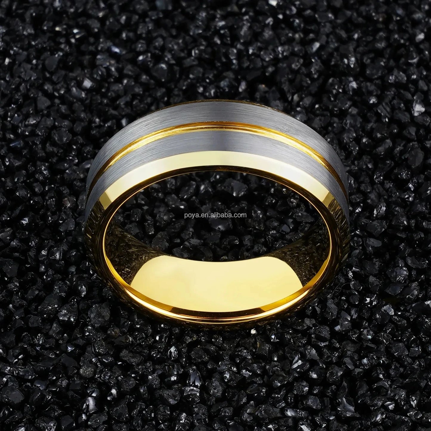 POYA 8mm Unisex Stylish Vintage Design Tungsten Ring Gold Plated Beveled Edges Engagement Wedding Gift Silver Jewelry