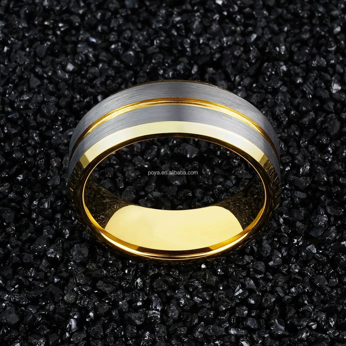 POYA 8mm Unisex Stylish Vintage Design Tungsten Ring Gold Plated Beveled Edges Engagement Wedding Gift Silver Jewelry