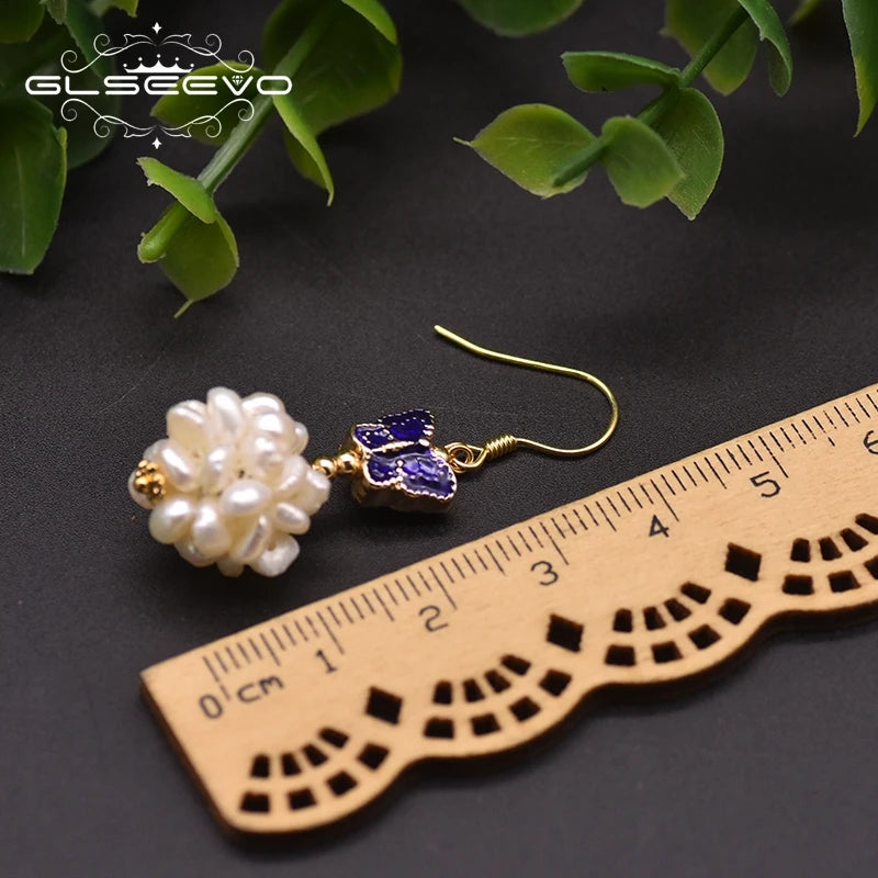 Natural Fresh Water Pearl Cloisonne Butterfly Romantic Drop Earrings Designer Spherical Charm Earrings for Women