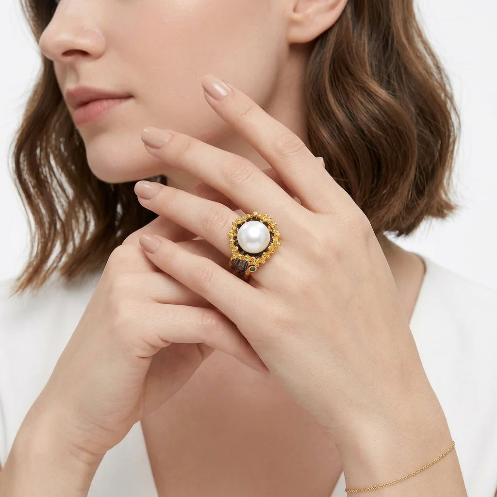 Handmade Unique Flower 925 Sterling Silver Flower Shaped Pearl Ring