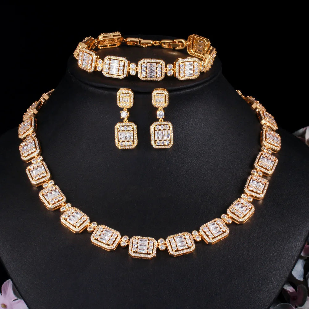 2022 High Quality 3pcs 18k Gold Plated African Nigerian Cubic Zircon Square Party Necklace Earrings Bridal Wedding Jewelry Set