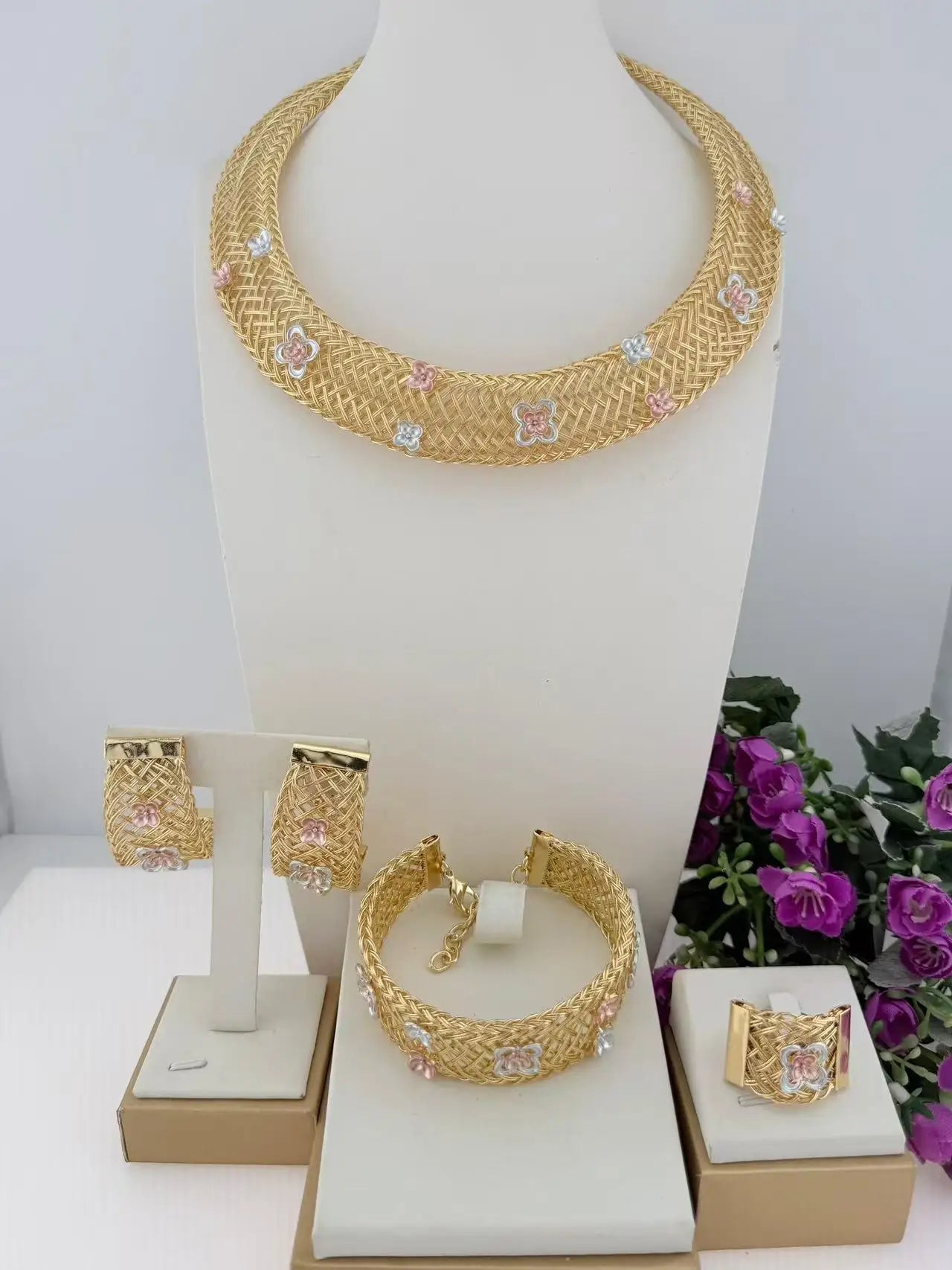 Brazilian Luxury Gold-Plated Jewelry Sets Necklace Bracelet Earrings Ring Four-Piece Sets Colorful Women's Wedding Jewellery Set