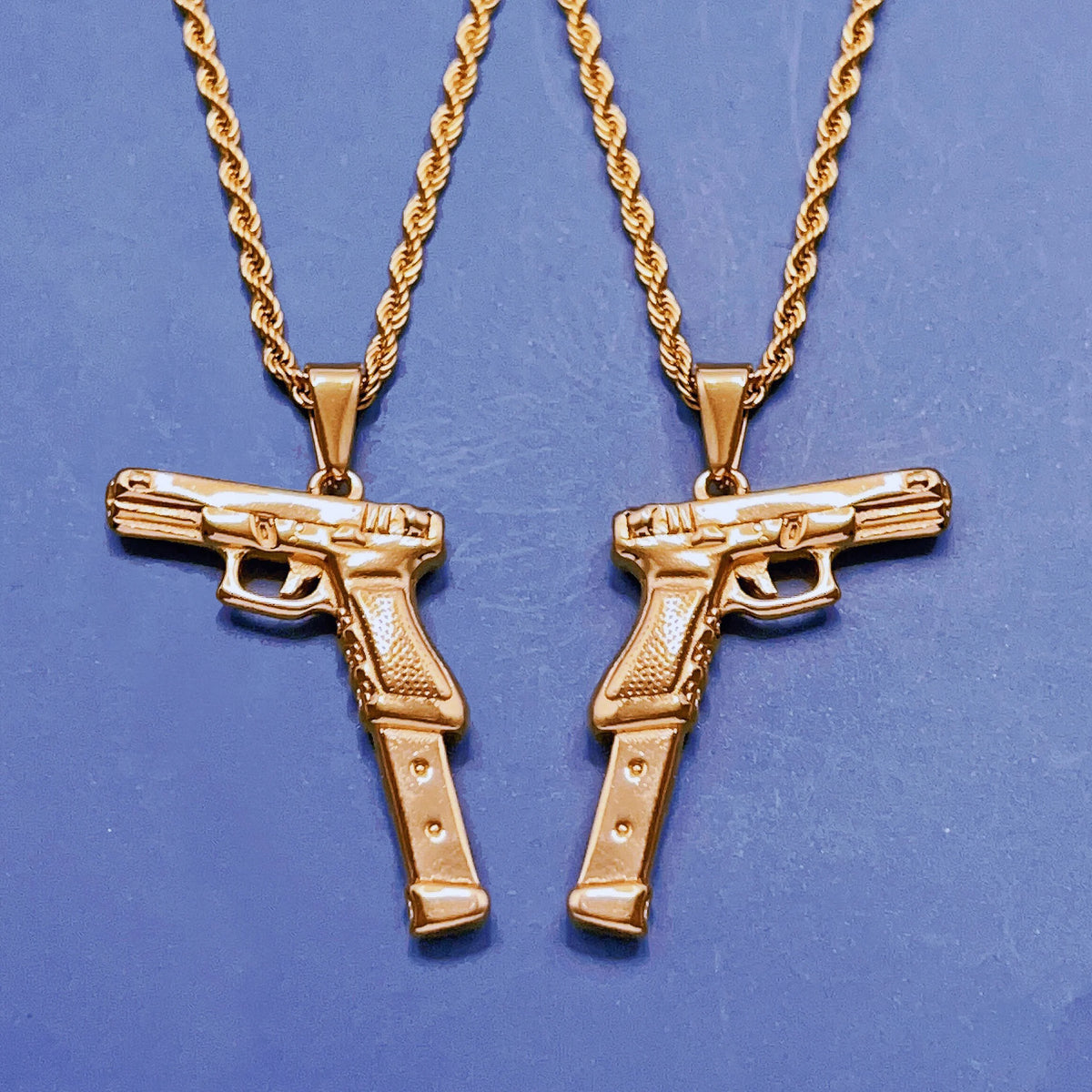 BiG-BOSS Trendy Necklace Stainless Steel 18k Gold Plated Rose Gun Pendant Rope Chain Men Hiphops Hand Gun Pendant Maxi Necklace