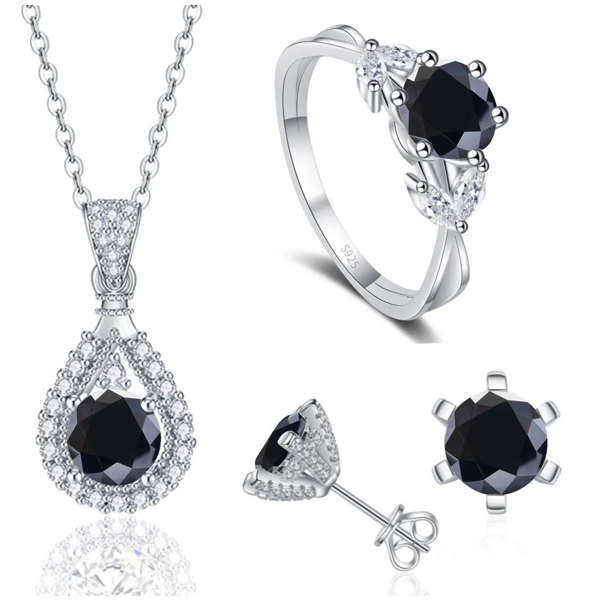 REDheart Fine 925 Sterling Silver Women's Wedding Bridal Jewellery Set Round Cut VVS Colored Moissanite Rings Necklace and Earrings Set