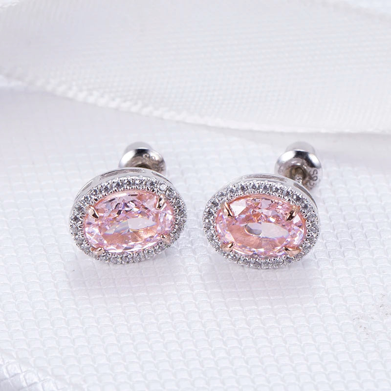Messi Jewelry MSE-606  Oval Shape High Carbon Cubic Zirconia Pink  Earrings for Lover