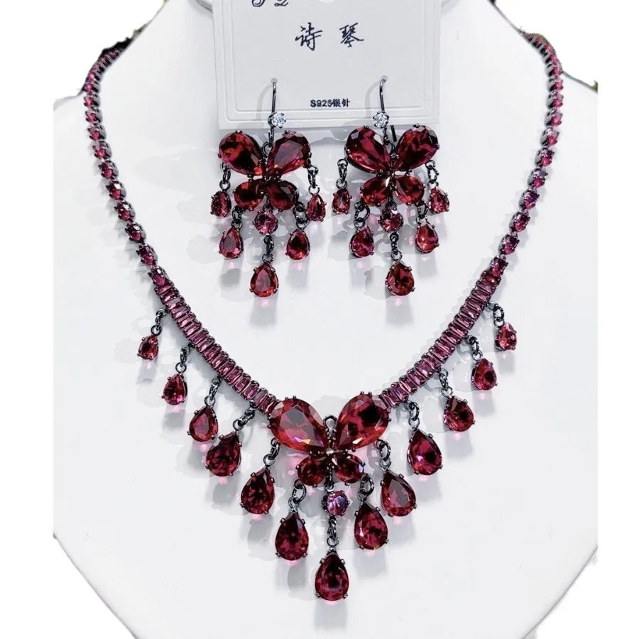 K082 Women Trendy Luxurious Tassel Red Zircon Butterfly Bridal Necklace Earrings Set Wedding Elegant Jewelry Set