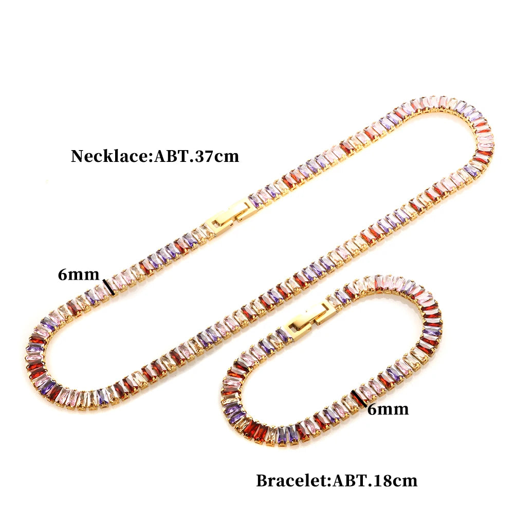 Tennis Chains Necklace Crystal Diamond Colorful Cubic Zirconia Tennis Tarnish Free Customize Bracelet Fashion Jewelry Set