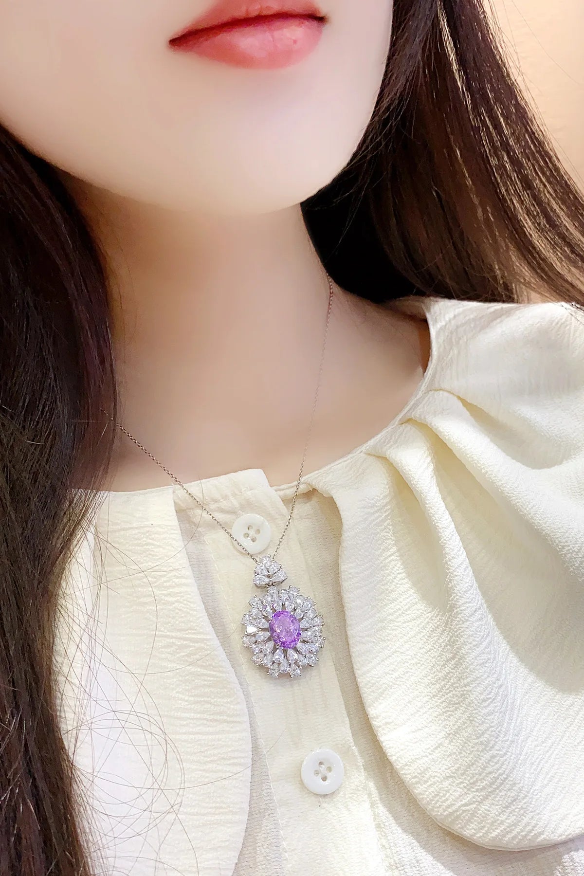 Gemfiori Anster purple Sapphire Mian Stone Oval Cutting 925 Silver Necklace Length 16cm 8.65ct Customizable Style Women's Necklace
