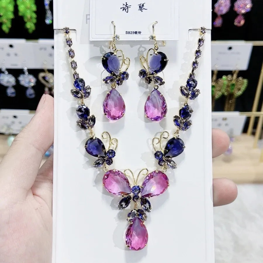 K074 Top Quality Women Trendy Luxury Butterfly Pink Purple Zircon Bridal Necklace Earrings Set Wedding Elegant Jewelry Set