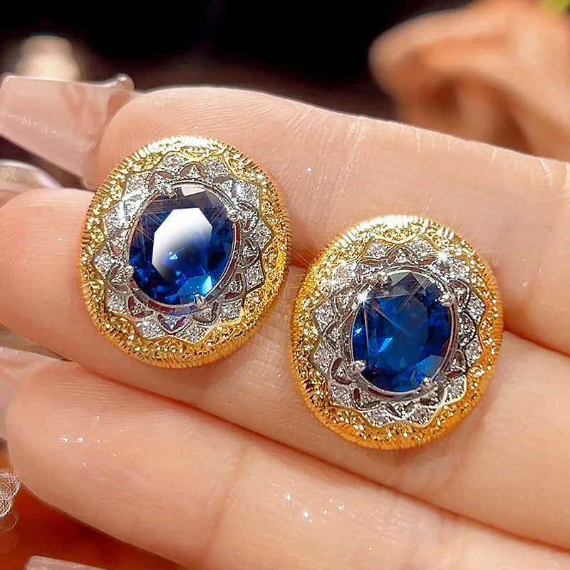 REDheart Brass Inlaid Zircon Plated Two-Color Movable Opening Ring Simulation Blue Pointed Crystal Flower Shape Pendant Necklace Trendy