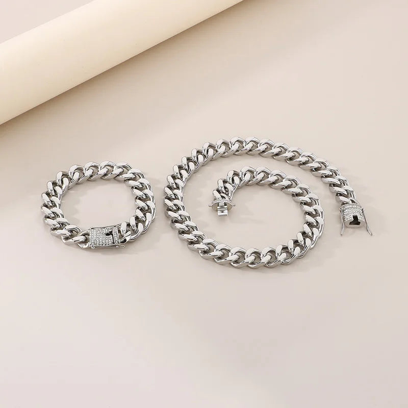 REBEL European American Women's Stainless Steel 316L Cuban Chain Bracelet CNC Exaggerated Zircon for Gift Jewelry Set