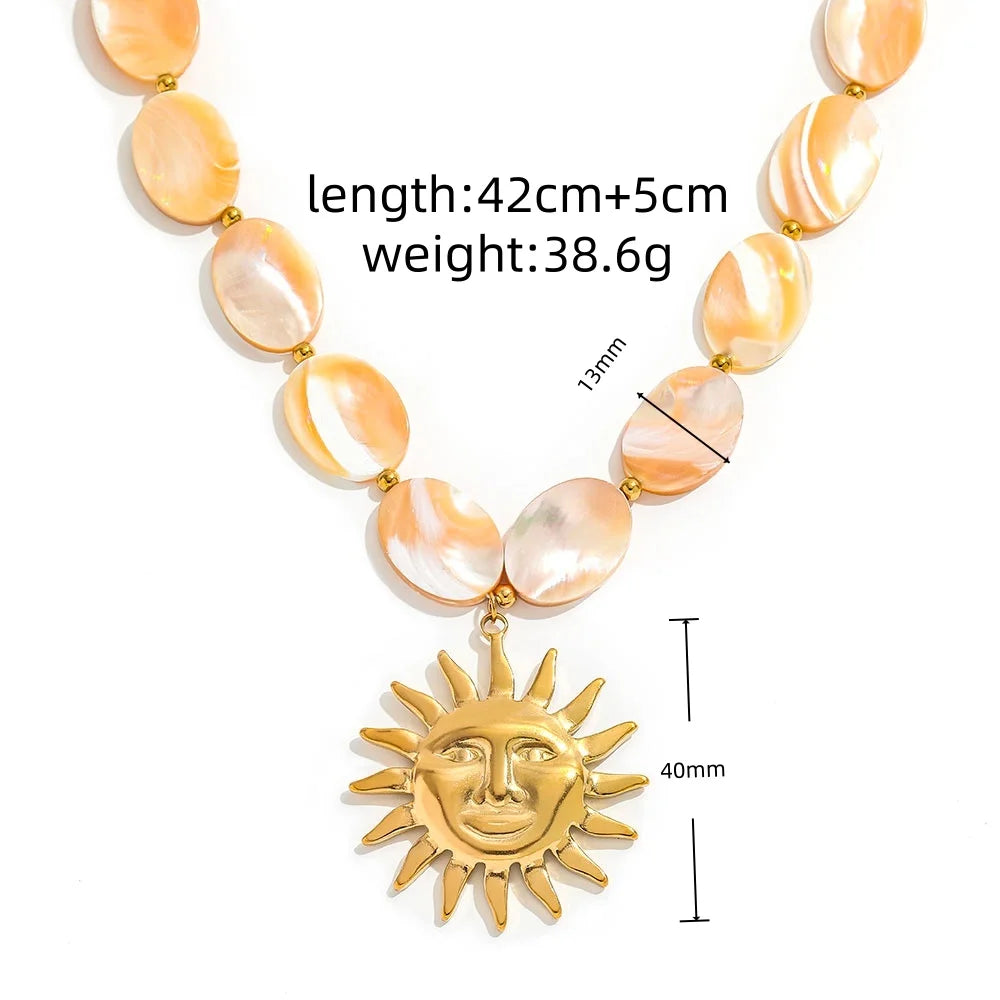 Joolim PVD Plated Wholesale Waterproof Fashion Boho Sun Face Pendant Natural Shell Bead Chain Necklace Stainless Steel Jewelry