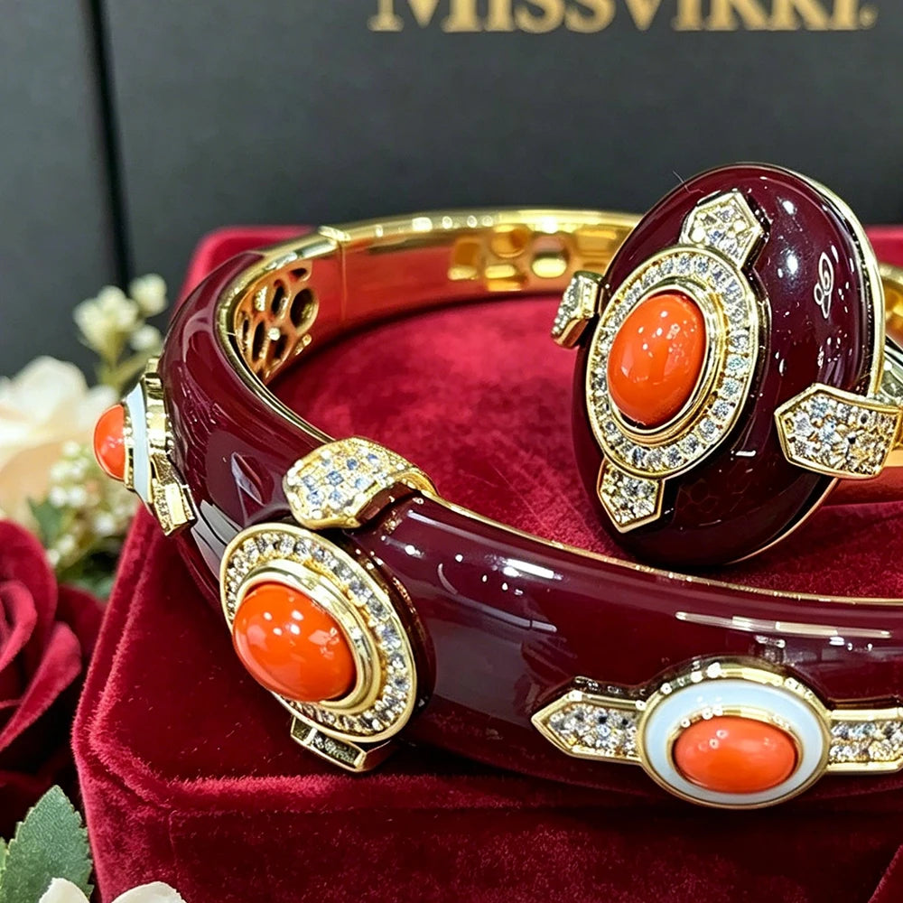 Gemfiori H175A Luxury 3 Rows 2PCS Zircon Bracelet Ring Earring Set Women Wedding Zircon African/Indian/Dubai Bridal Jewelry Set