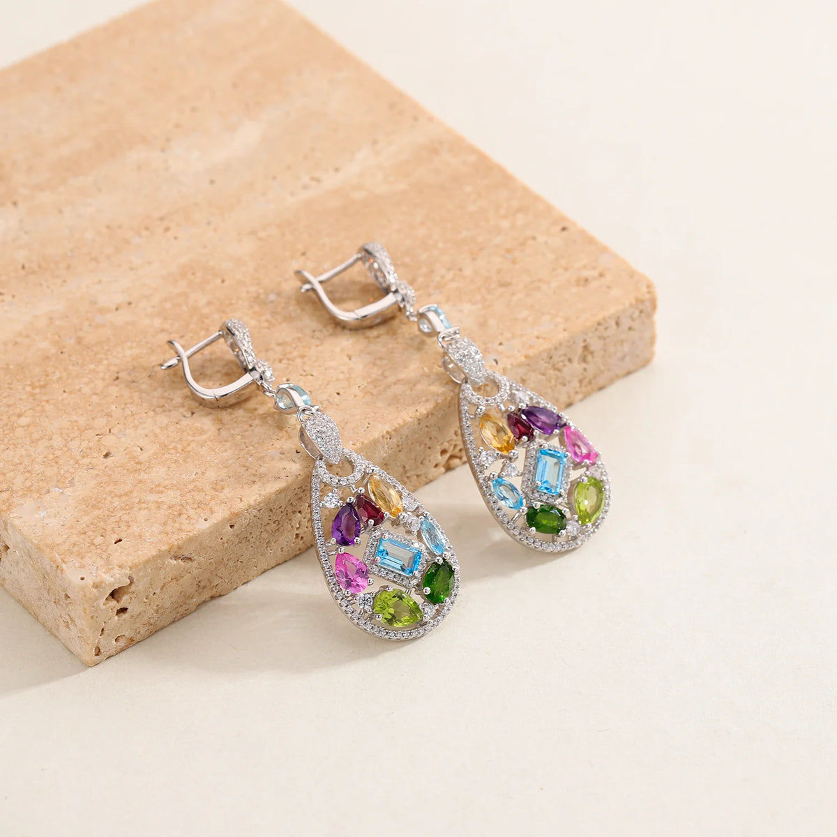 ArtistA C4035 Abding Exquisite Light Luxury Ladies Fine Work Multiple Color Gemstones Real Sterling Silver 925 Women Jewellery Set