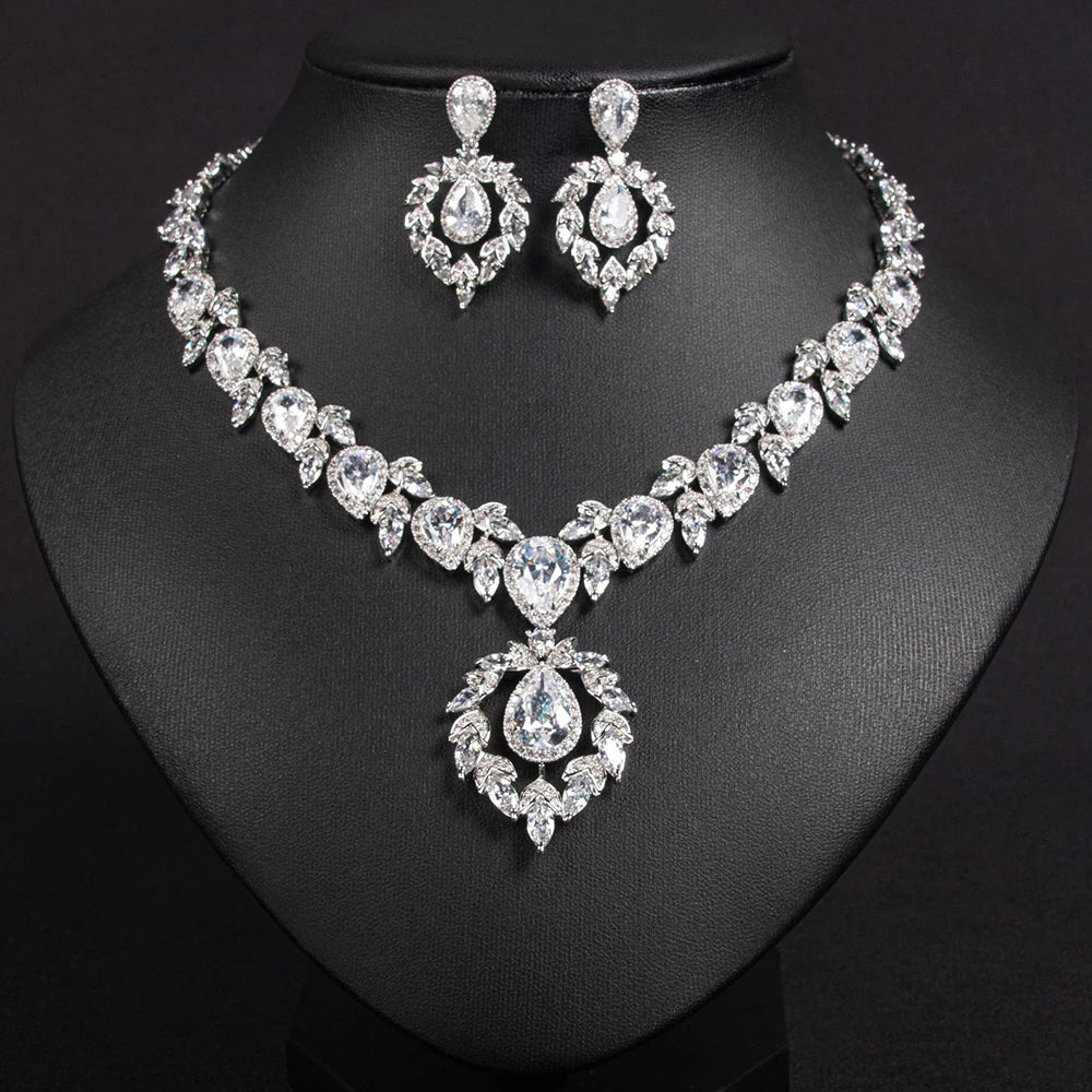XOTICA High Quality Women Water Drop Dangle Earrings Necklace Sets Fashion Luxury Ladies Bling Zircon Bridal Wedding Engagement Jewelry