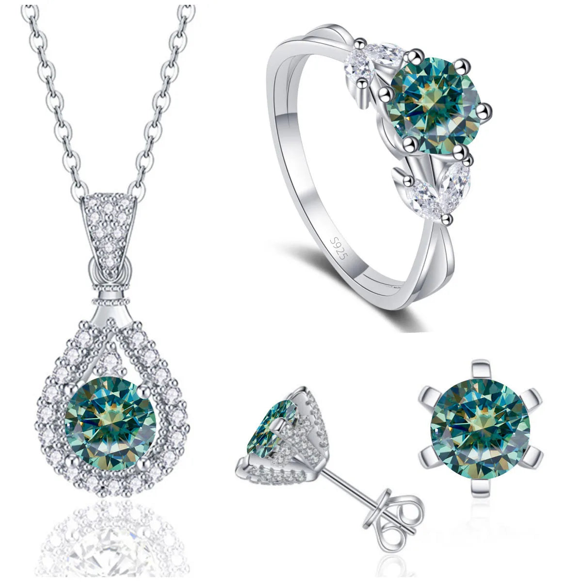 REDheart Fine 925 Sterling Silver Women's Wedding Bridal Jewellery Set Round Cut VVS Colored Moissanite Rings Necklace and Earrings Set