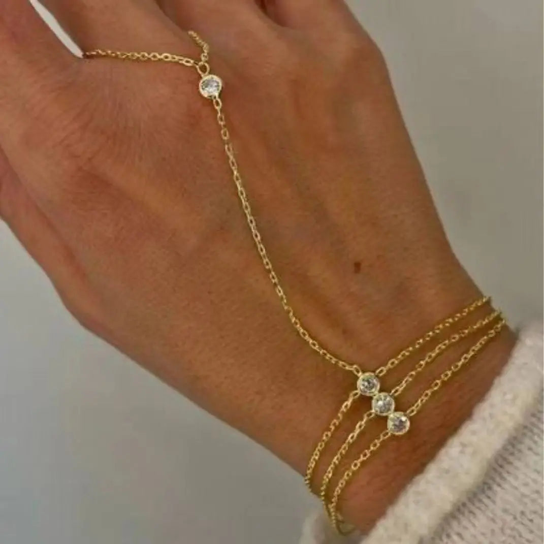 S&S Diamond-Studded Geometric Finger Chain Ring | Stainless Steel | S&S