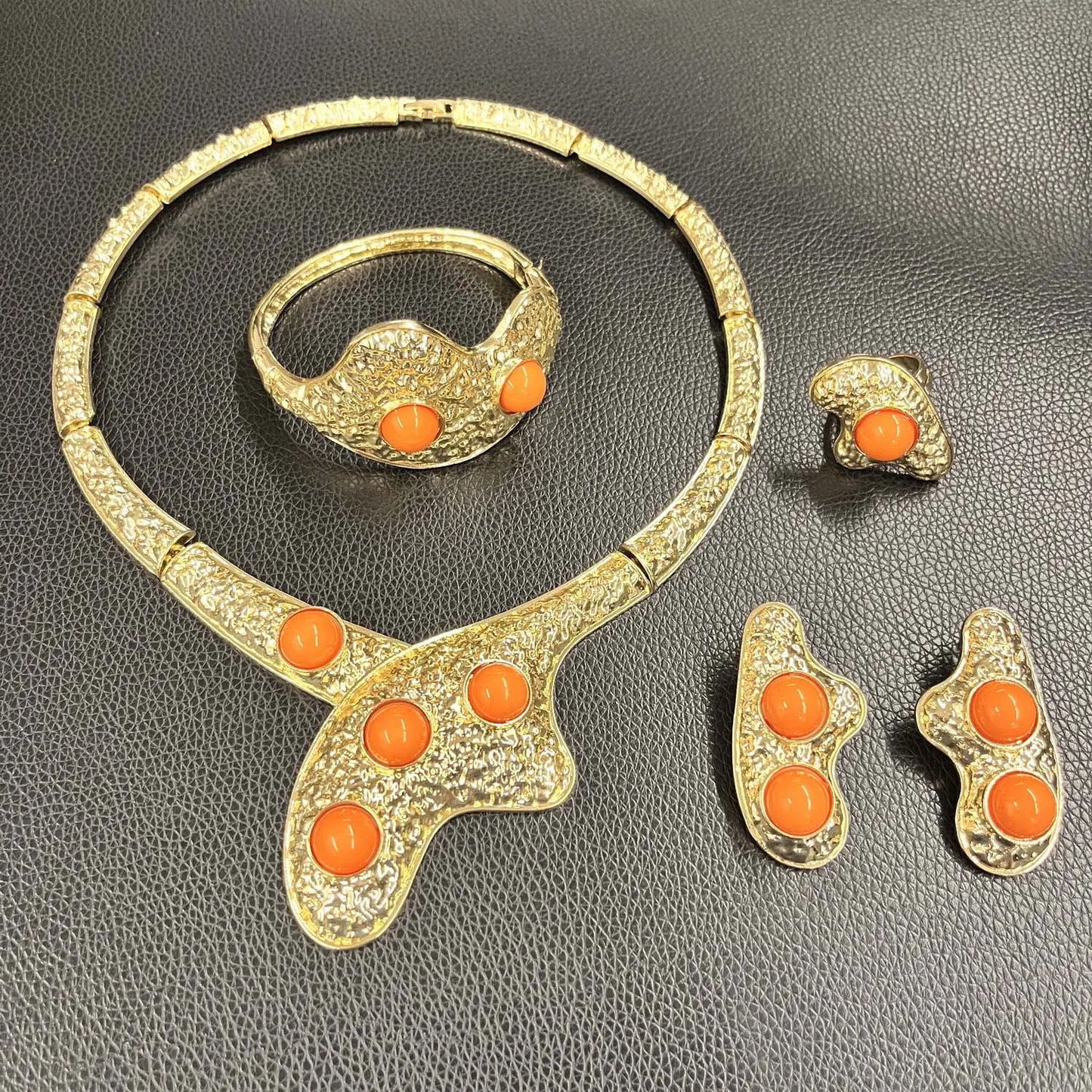 Zhuerrui Italian Gold Flower Jewelry Set Wedding Party Birthday Gift Orange Necklace Bracelet Earrings Ring Jewelry Sets H00715