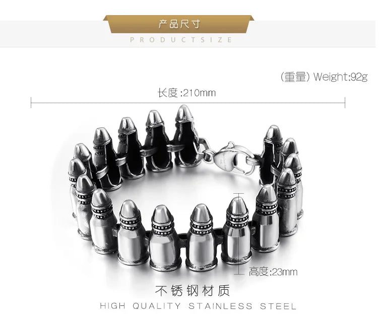 Punk Retro Bullets Head Chain Bracelet Titanium Steel Charm Bracelets for Men Military Soldier Souvenir Gift for Anniversaries