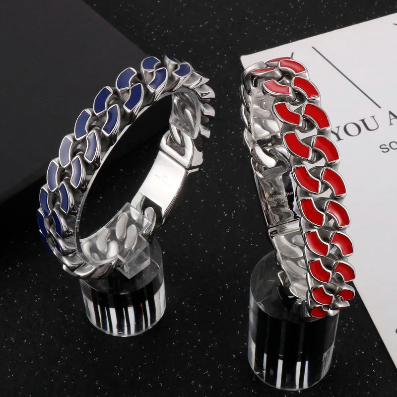 KALEN 220mm Men Stainless Steel&Red/Blue Enamel Cuban Links Chain Bracelet