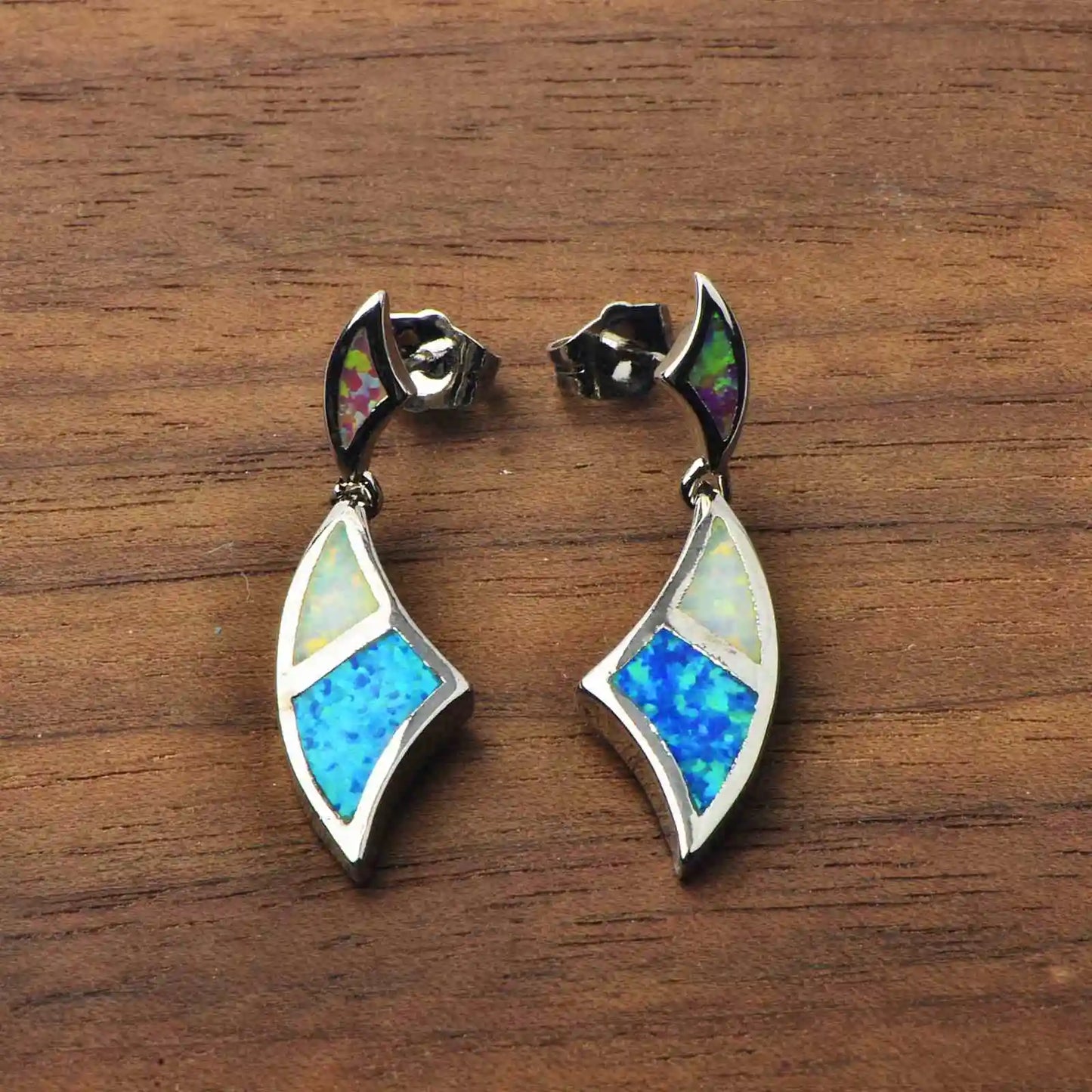 Sleek Wave-Shaped Opal Dangle Earrings - Shimmering Bi-Color Opal Inlays | Elegant Layered Jewelry Bulk Wholesale