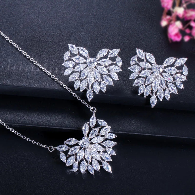 Rhodium Plated CZ Jewelry Set Marquise Leaf Heart Stud Earrings Necklace Earrings Jewelry Set for Women Special Daily Dating