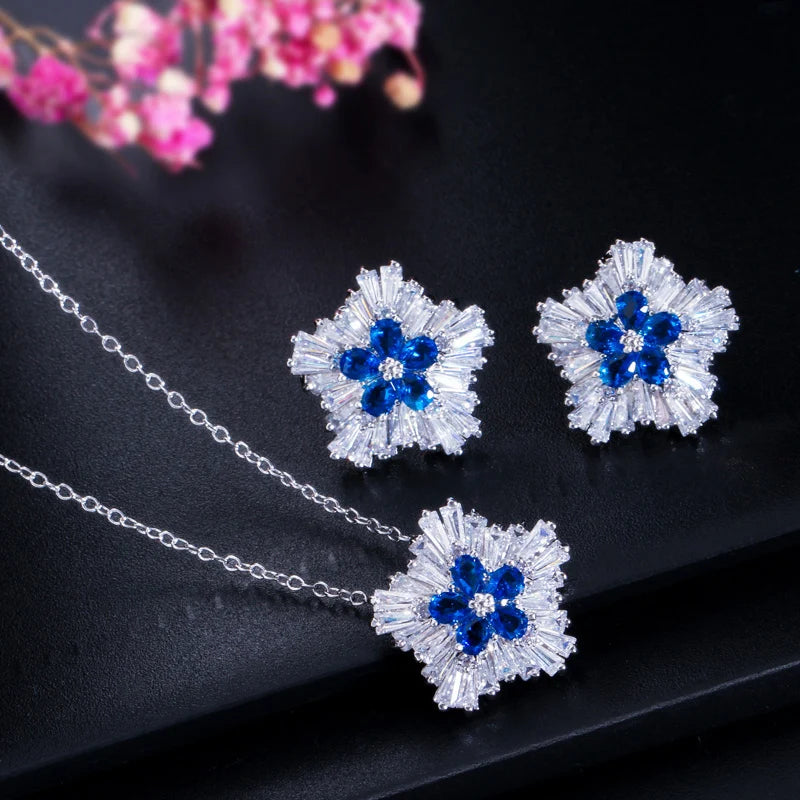 S&S CZ Snow Flower Pendant Necklace & Stud Earrings Set – White Gold – 4 Colours – Collection