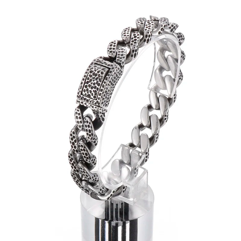 KALEN 215mm Men Punk Stainless Steel Leopard Prints Cuban Links Bracelet
