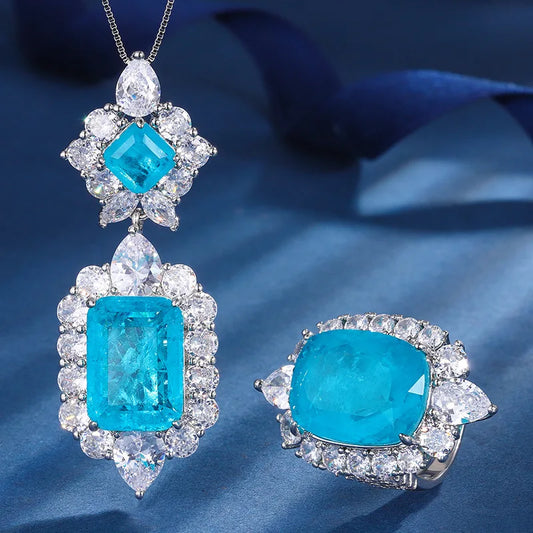 Gemfiori Light Luxury Niche High-end Jewelry Ice Flower Crack Blue Zirconium Pendant Ring Set Creative and Personalized Design