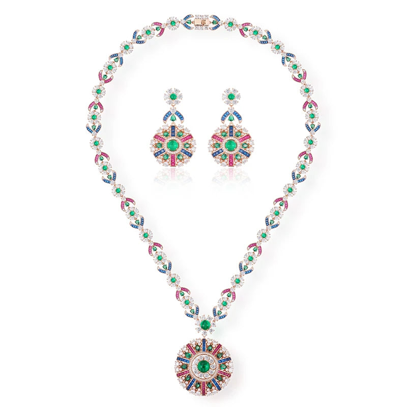 Classic Fashion Jewelry Set Necklace Earrings Inlaid with Colorful Cubic Zirconia Paired with Anniversary Gift
