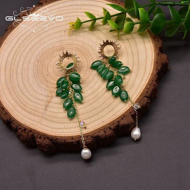 Natural Freshwater Pearl Long Drop Earrings Green Jade Stud Earrings for Women Vintage Designer Luxury Jewelry Accessories