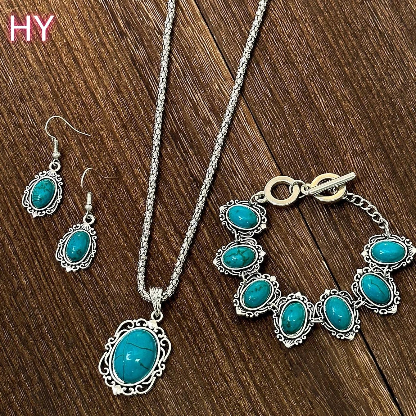 HY Fashion Vintage Gold Plated Turquoise Necklace Earrings Bracelet Three Piece Set Jewelry Women Wedding Engagement Party Gift
