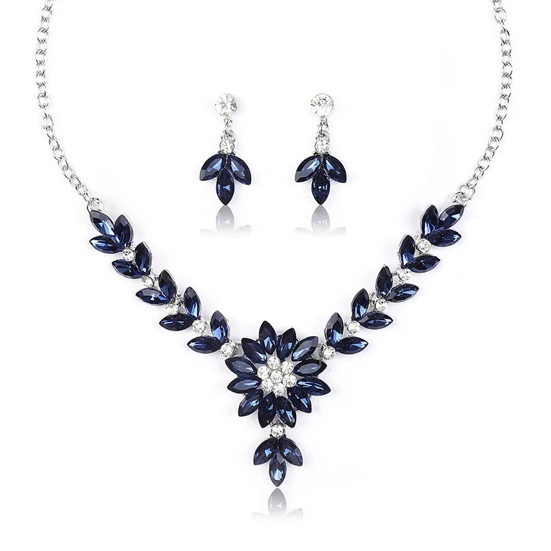 Princess Cut Crystal Flower Necklace & Earrings Jewellery Set | Retro Contrast Fashion Set