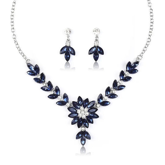Princess Cut Crystal Flower Necklace & Earrings Jewellery Set | Retro Contrast Fashion Set