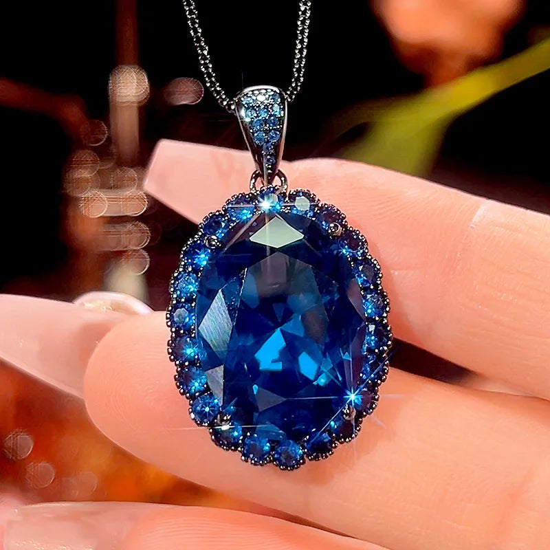 Gemfiori New Dark Blue Zircon Set Personalized Black Gold Ring High Quality Charm Pendant Necklace Earnail Set
