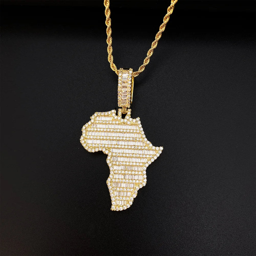 Light Luxury Zircon Brass Hip-Hop Necklace Africa Map Shaped Pendant Gold Plated Necklace