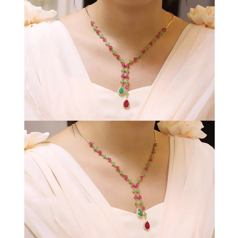 Fashion Mix Multicolor Cubic Zirconia Long Necklace and Earring Party Jewelry Set for Women Wedding Dress Accessories